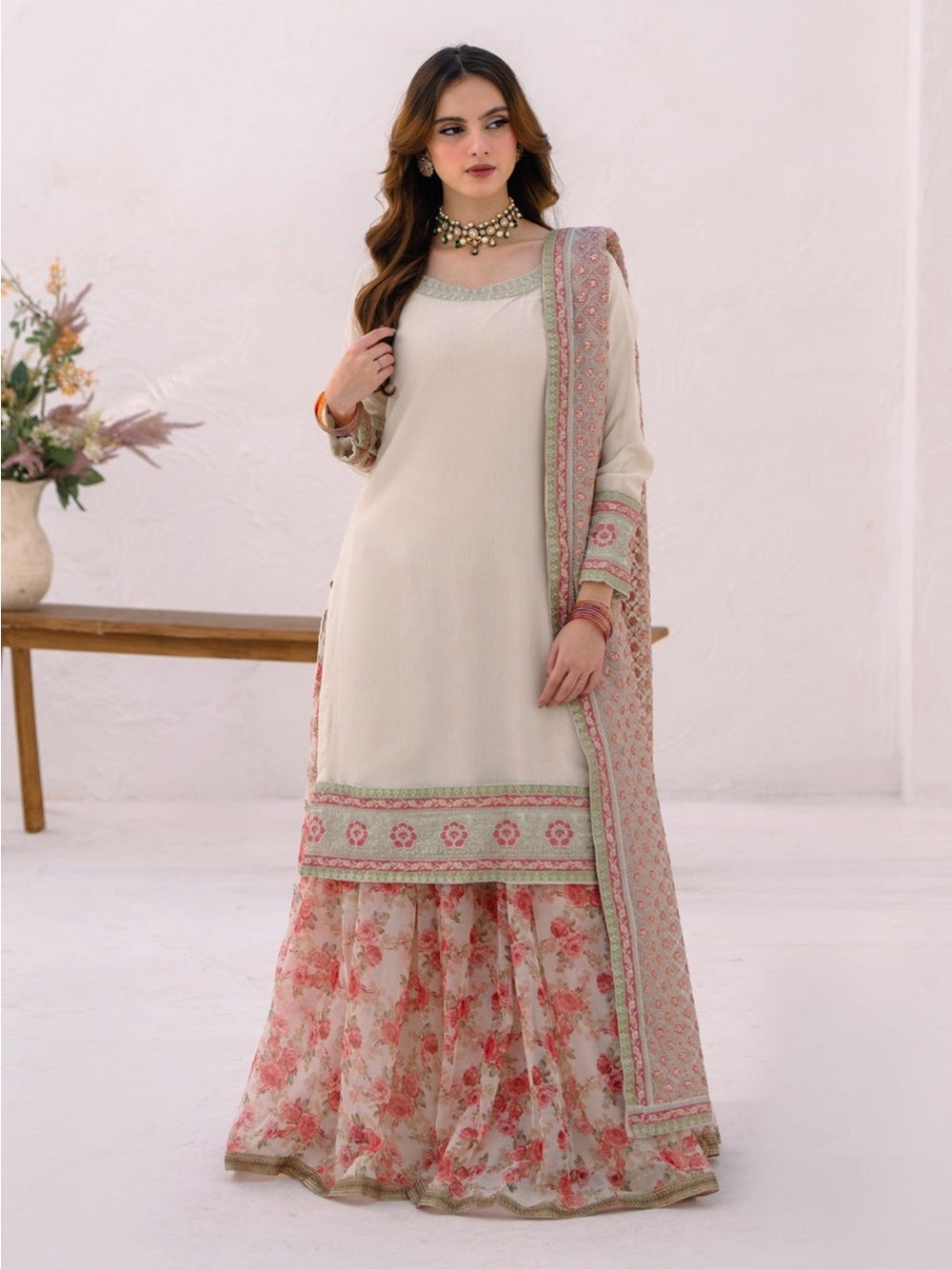 Cream and Blush Floral Pakistani Sharara
